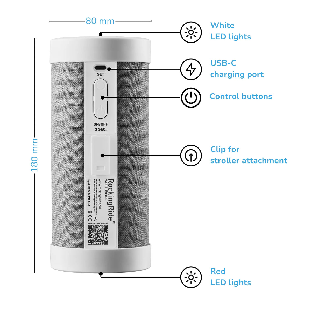RockingRide device with detailed annotations showcasing LED lights, USB-C charging port, control buttons, and stroller clip.