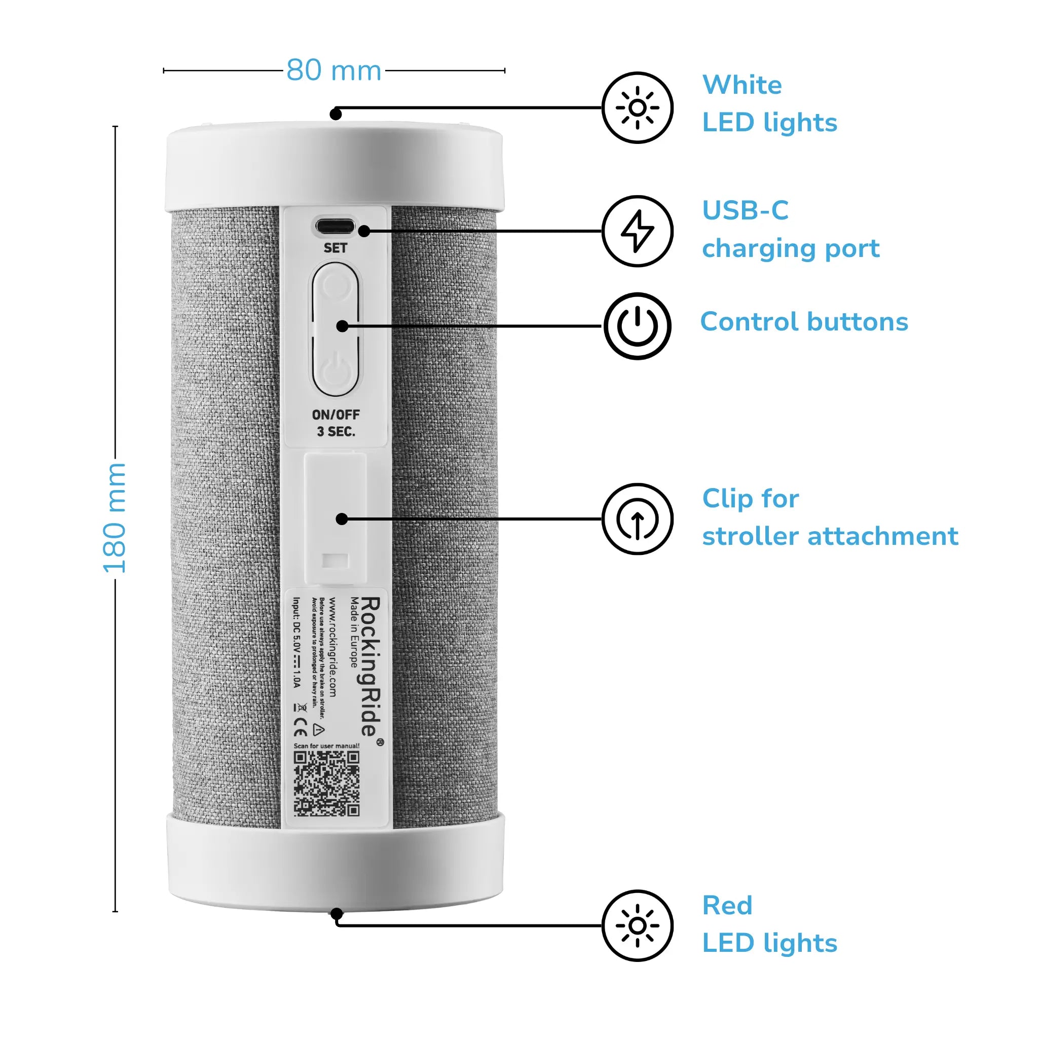RockingRide device with detailed annotations showcasing LED lights, USB-C charging port, control buttons, and stroller clip.