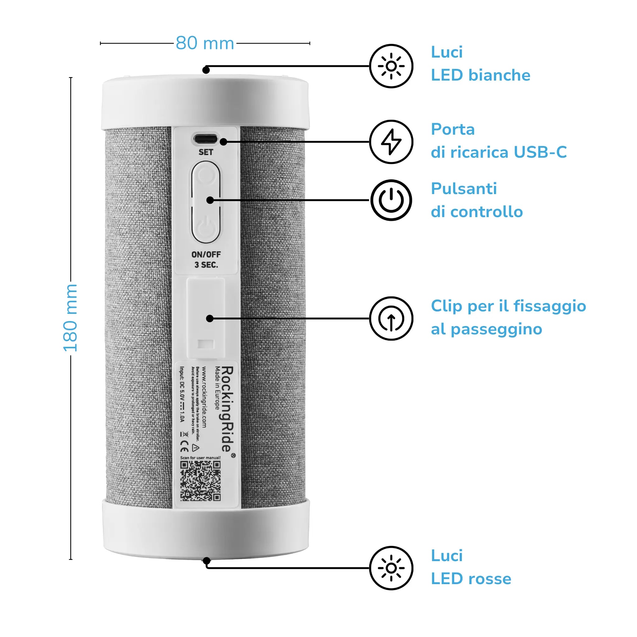 RockingRide device with detailed annotations showcasing LED lights, USB-C charging port, control buttons, and stroller clip.