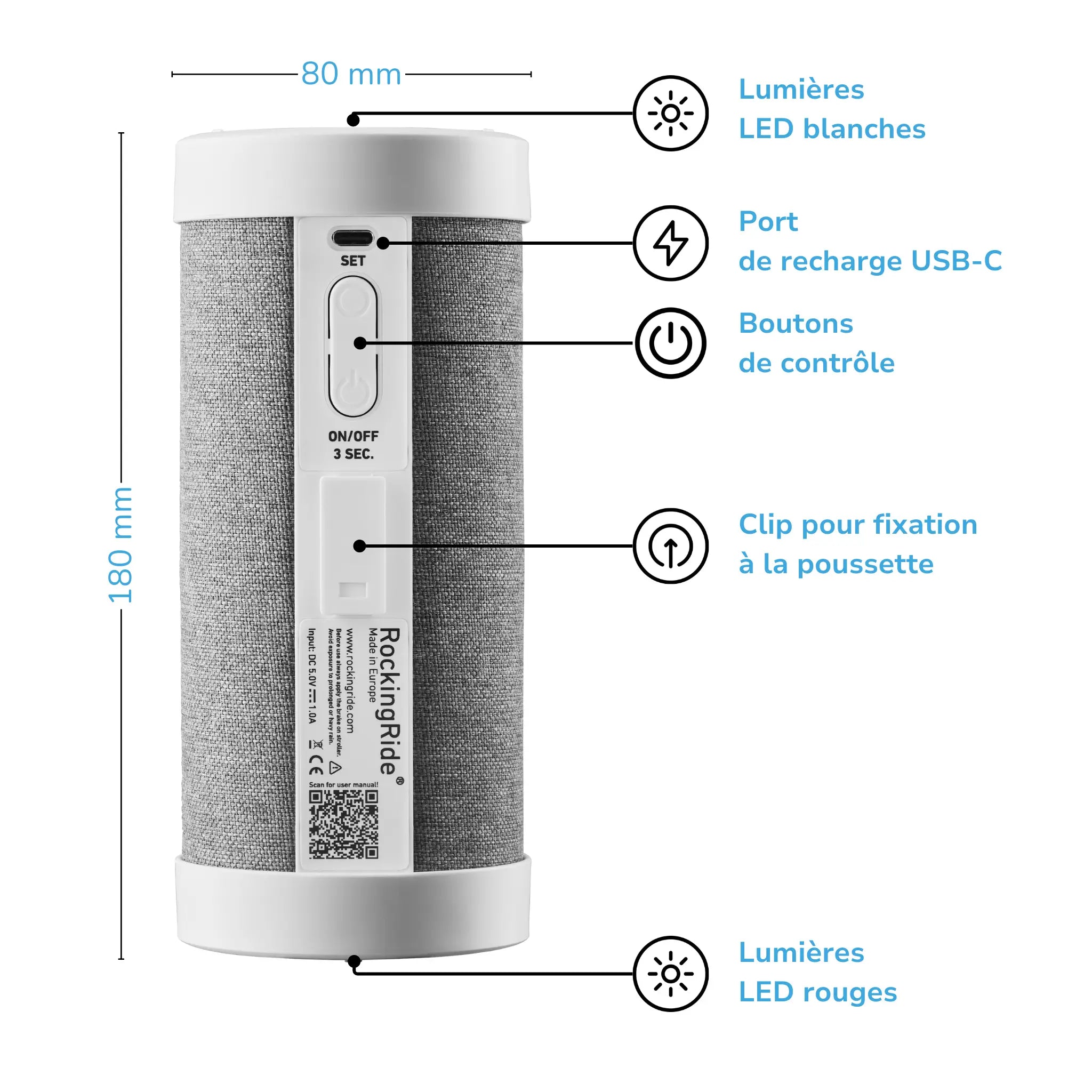 Dispositivo RockingRide con annotazioni dettagliate che mostrano le luci LED, la porta di ricarica USB-C, i pulsanti di controllo e la clip per il passeggino.