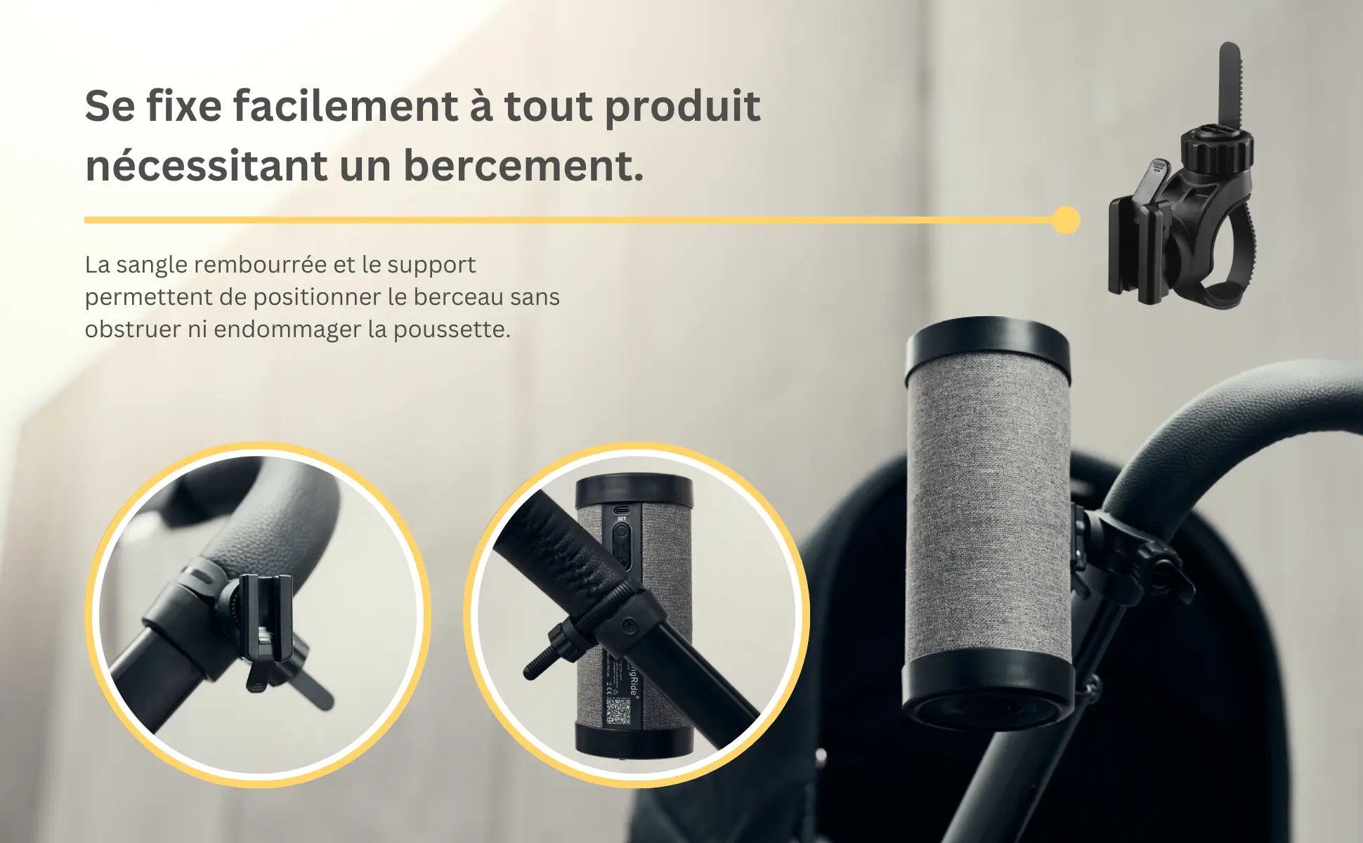 Se fixe facilement à tout produit nécessitant un bercement.