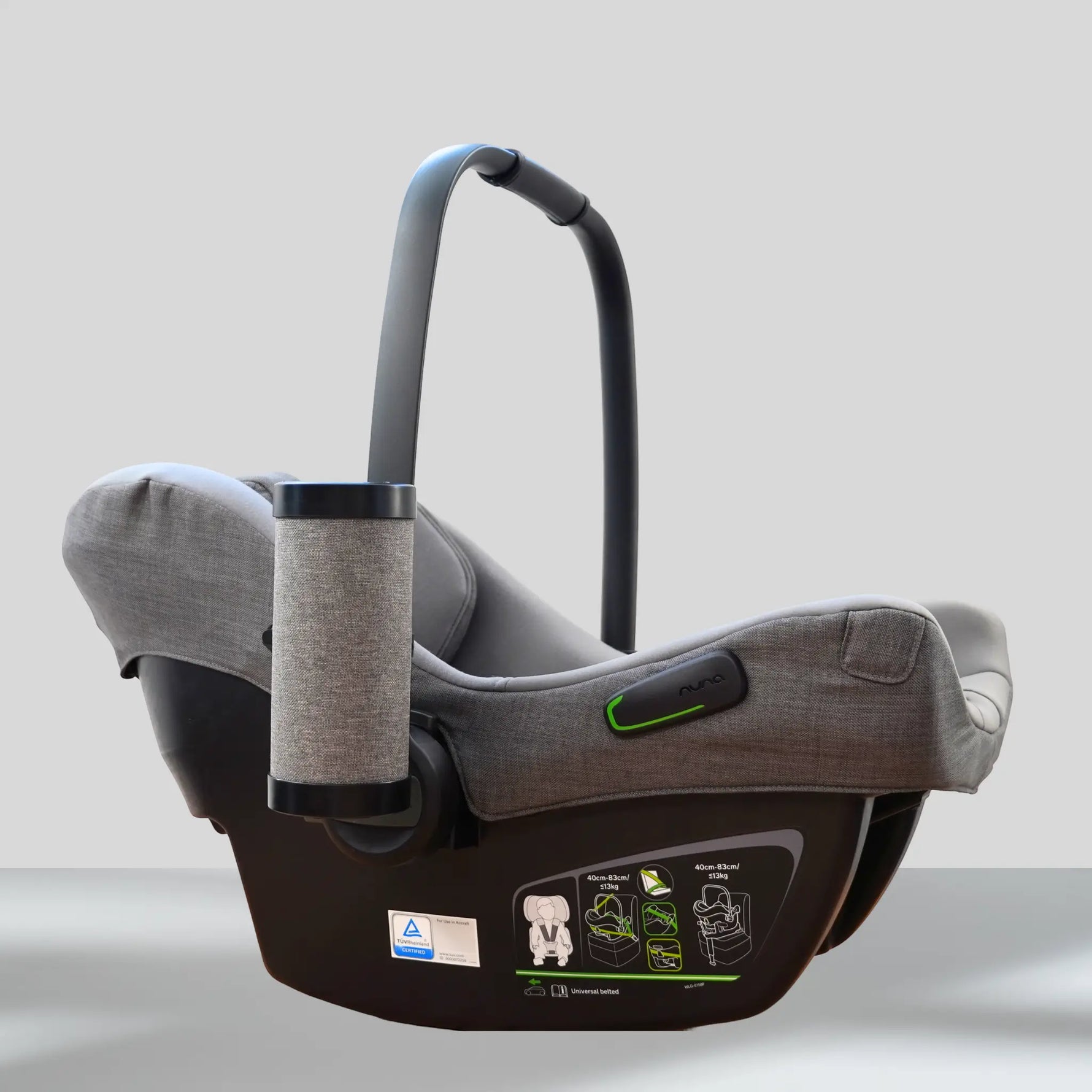 RockingRide can also be used on a baby car seat by securely attaching it to the side of the car seat handle using the included mount.