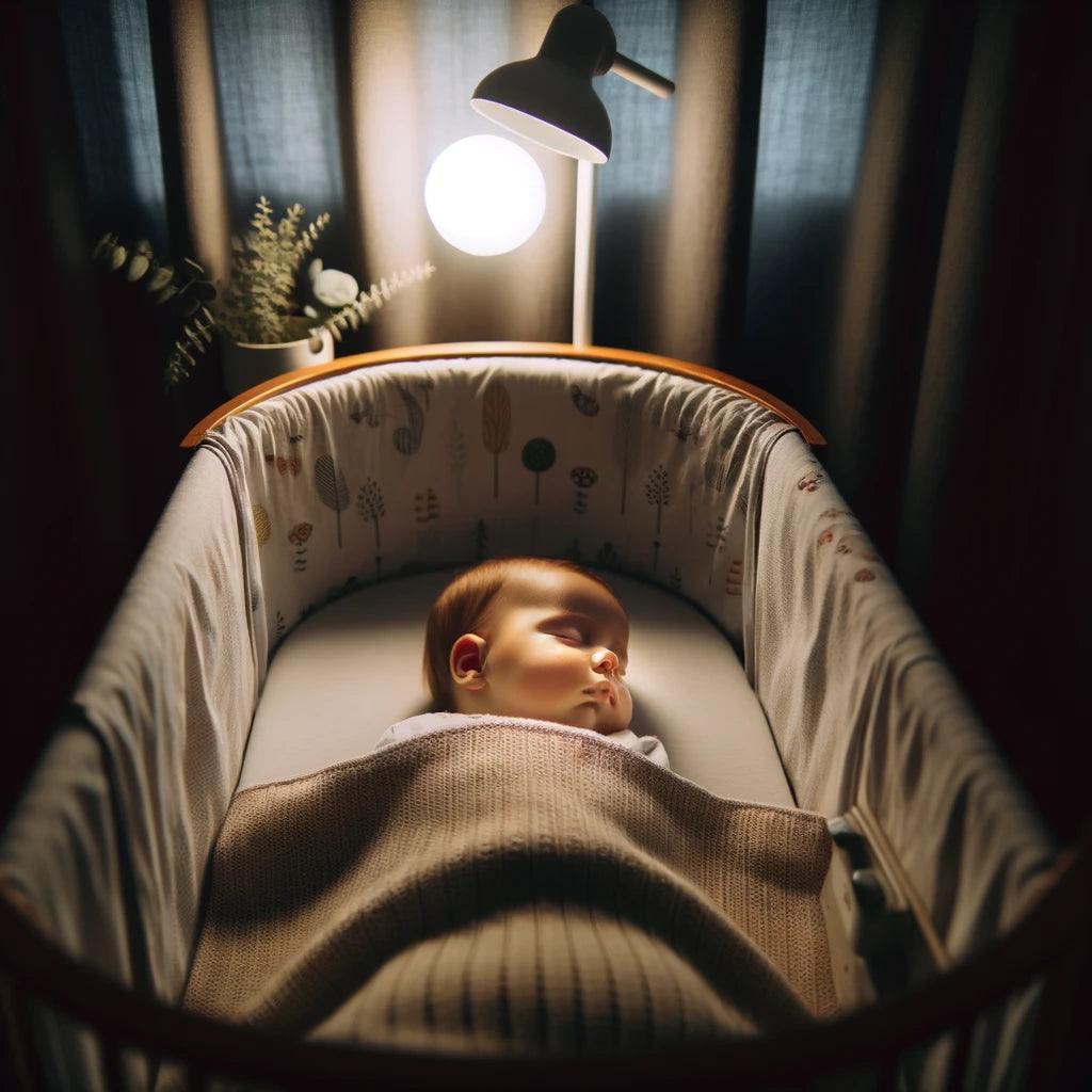 A peaceful baby sleeping soundly in a cozy crib with soft lighting from a night lamp.