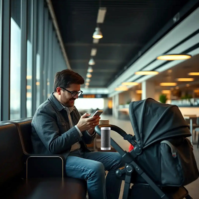 Dad_on_airport_when_Rockingride_rocking_stroller_with_baby