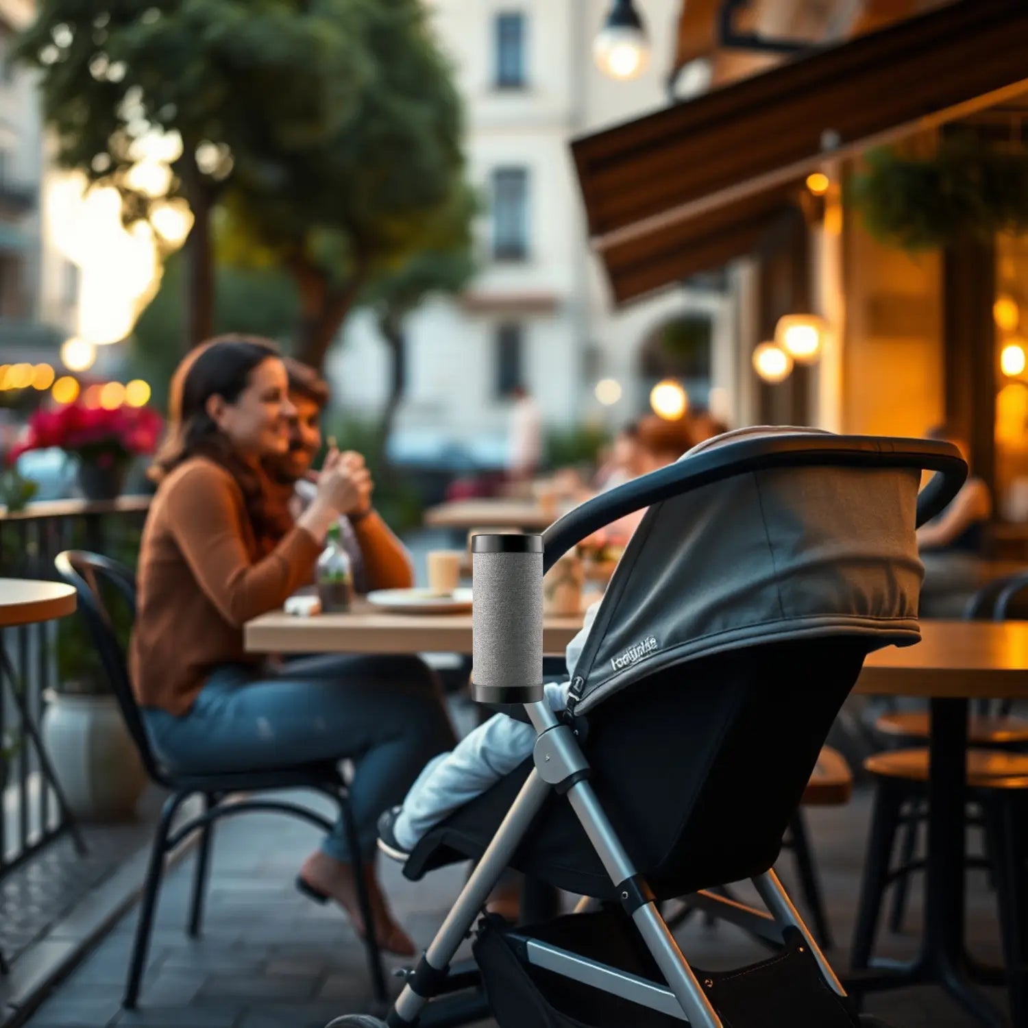 Mom_and_dad_in_dinner_when_Rockingride_rocking_stroller_with_baby