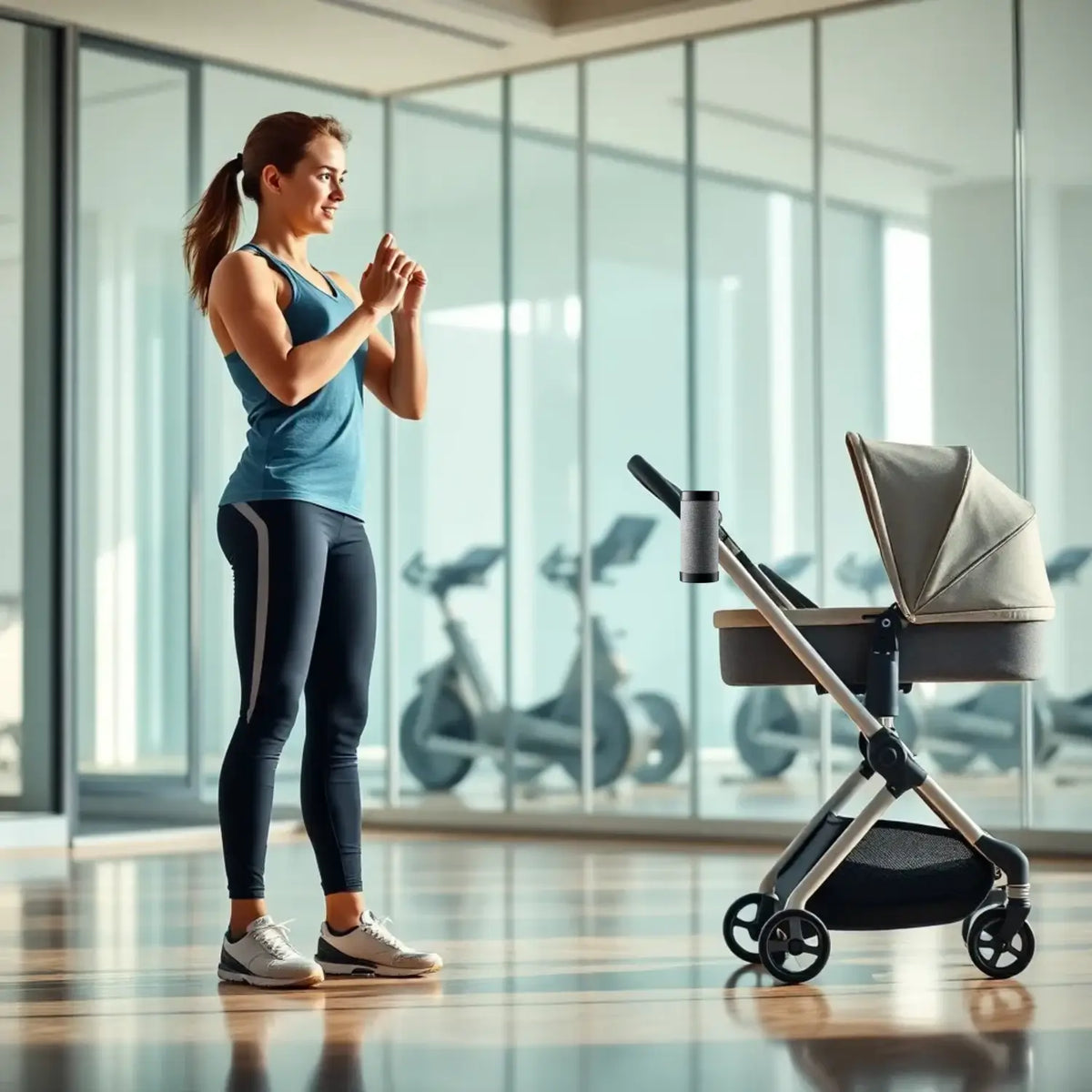 Mom_in_fitnes_when_Rockingride_rocking_stroller_with_baby