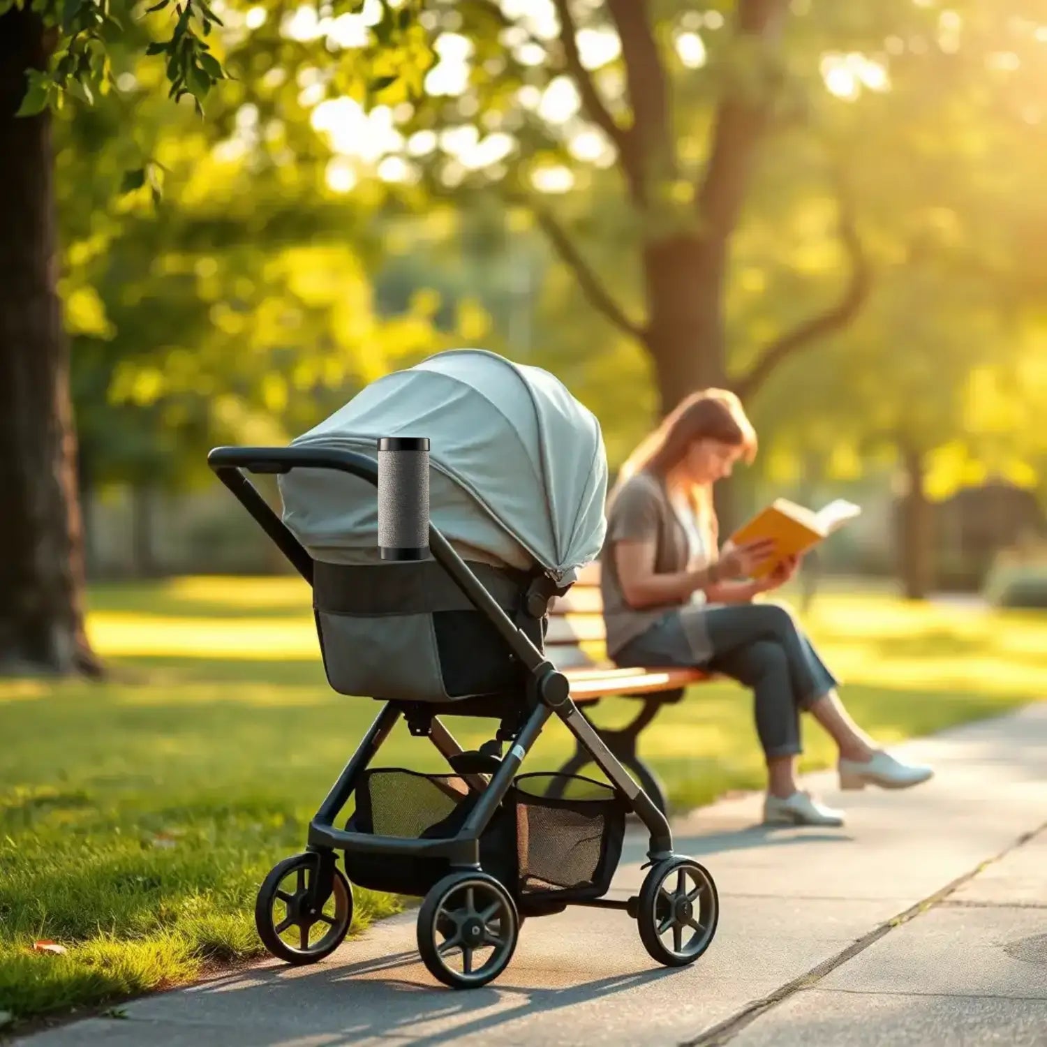 Mom reading book when Rockingride rocking stroller with baby