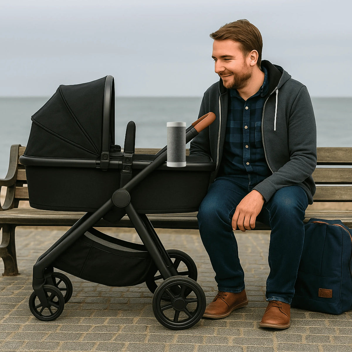 Father relaxing next to baby stroller using RockingRide automatic stroller rocker